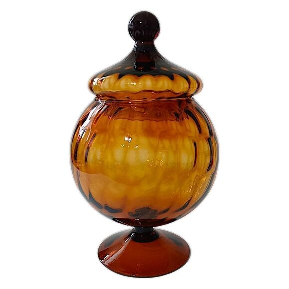 Empoli Amber Glass Candy Dish Lid Apothecary Jar Circus Tent Optic Panel Italy - Picture 12 of 16